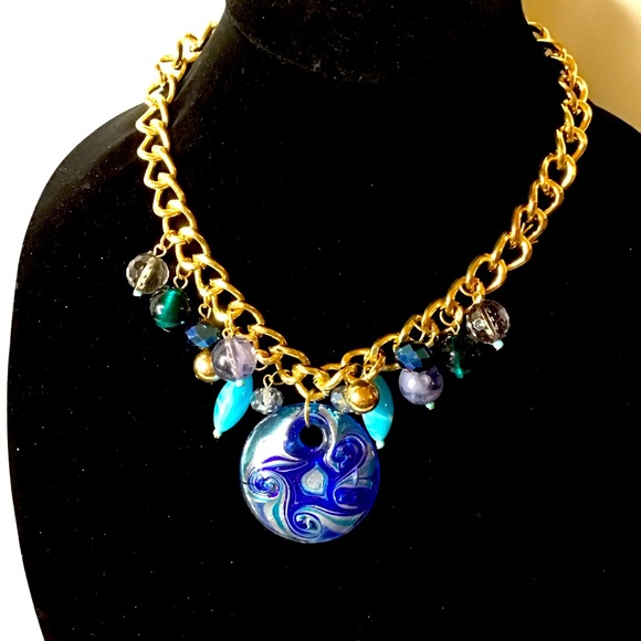 Jewelry - Beautiful heavy Gold chain necklace, swirly blue medallion $25